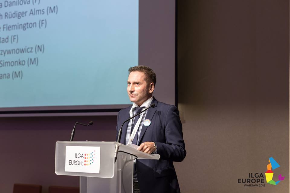 LGL Executive Director Vladimir Simonko gives a speech as a candidate to ILGA-Europe Board