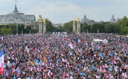 Tens of thousands of people marched in Paris to revoke same-sex marriage on Sunday A general view taken on May 26, 2013 shows thousands of anti-gay marriage demonstrators gathering at the Invalides square in Paris during a mass protest against a gay marriage law. France on May 18 became the 14th country to legalise same-sex marriage after President Francois Hollande signed the measure into law following months of bitter debate and demonstrations. Tens of thousands marched through Paris today to protest a new gay marriage law, with police on high alert amid warnings hardliners could infiltrate the demonstration and cause trouble. AFP PHOTO ERIC FEFERBERG (Photo credit should read ERIC FEFERBERG/AFP/Getty Images)